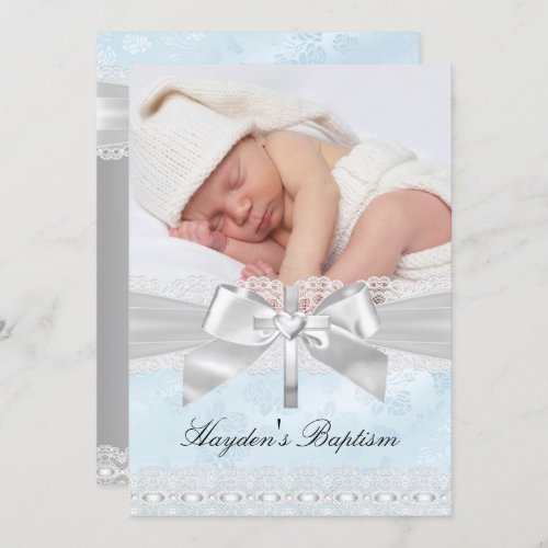 Cross Lace Bow Blue Photo Baptism Invitation