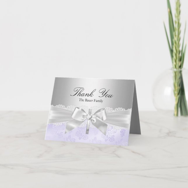 Cross & Lace Bow Purple Baptism Thank You Card (Front)