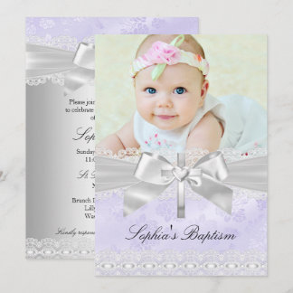 Cross Lace Bow Purple Photo Baptism Invitation