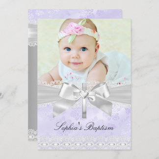Cross Lace Bow Purple Photo Baptism Invitation