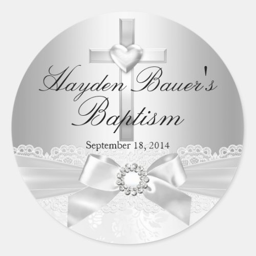 Cross  Lace Bow Silver Baptism Sticker