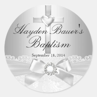 Cross & Lace Bow Silver Baptism Sticker