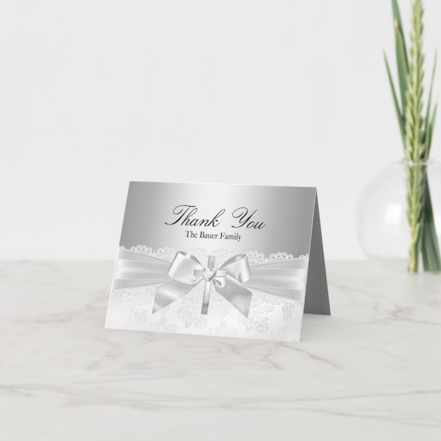 Cross & Lace Bow Silver Baptism Thank You Card (Front)