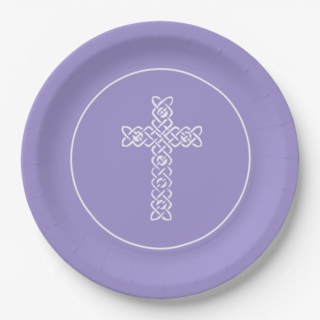 Cross Lavender Communion Baptism Christen Paper Plates (Front)