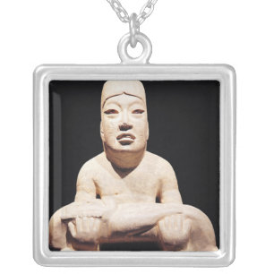 Cross-legged figure holding a baby, Olmec Silver Plated Necklace