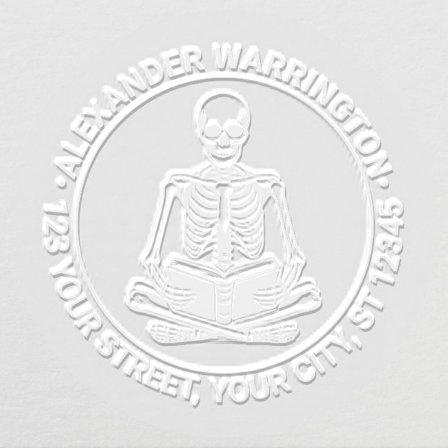 Cross Legged Skeleton Reading Name Return Address Embosser (Design)