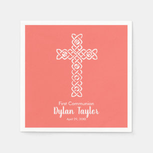 Cross Living Coral Communion Baptism Christening Napkins