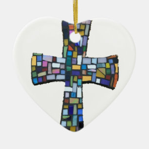 cross mosaic colored red blue green Christian Ceramic Ornament