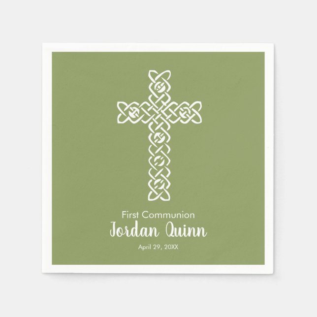 Cross | Moss Green Communion Baptism Christening Napkins (Front)