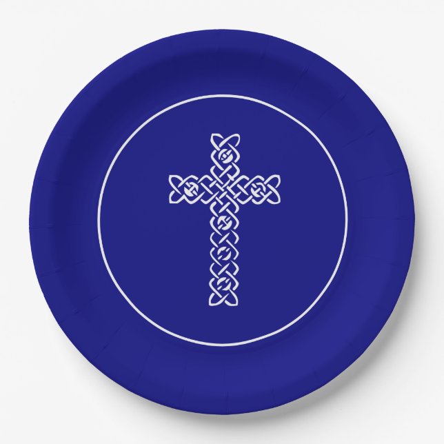 Cross | Navy Blue Communion Baptism Christen Paper Plates (Front)