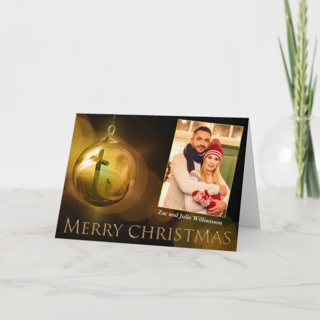 Cross of Christ Ornament Reflection Gold Photo Holiday Card (Front)