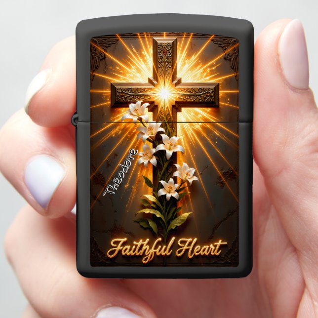 Cross of Light and Lily Flowers Zippo Lighter (In Hand)