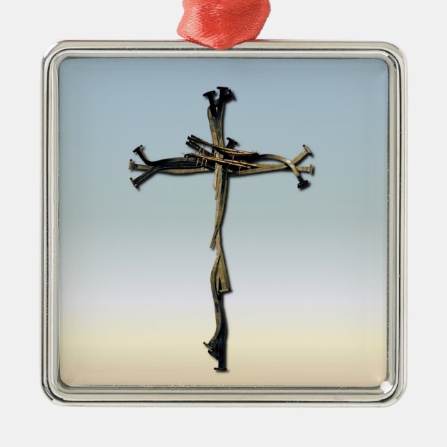 Cross of Nails Jesus Save Rustic Metal Ornament (Front)