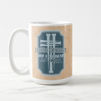 Cross of Nails on Shield Psalm 28:7 Bible Design Coffee Mug