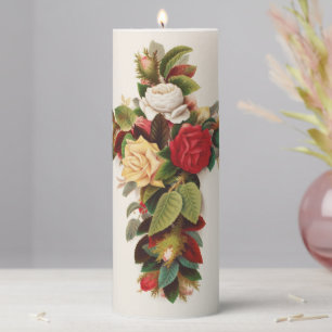Cross of roses, Victorian era illustration Pillar Candle