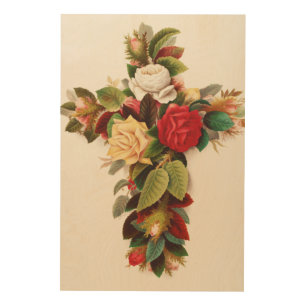 Cross of roses, Victorian era illustration Wood Wall Art