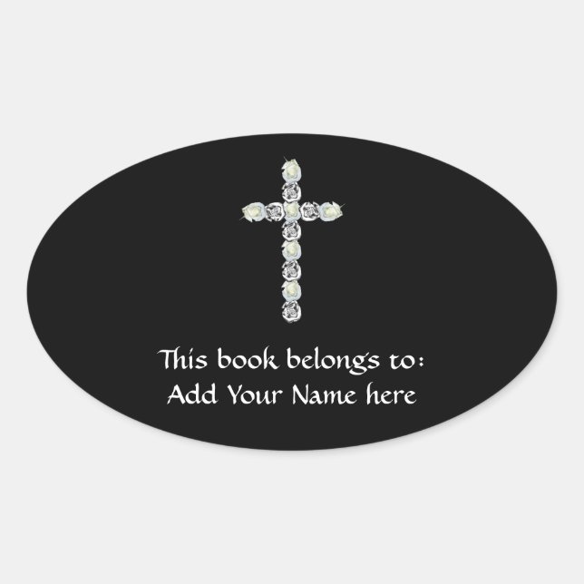 Cross of Silver and White Roses Oval Sticker (Front)