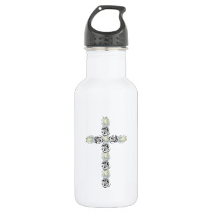 Cross of Silver and White Roses Stainless Steel Water Bottle