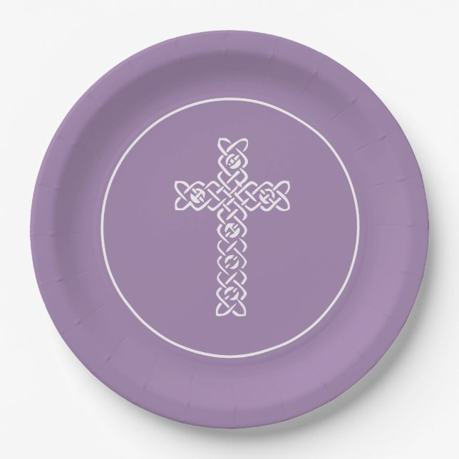 Cross Old Lavender Communion Baptism Christening Paper Plates (Front)
