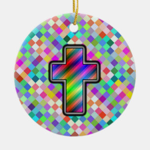 Cross on a Checkerboard Ceramic Ornament
