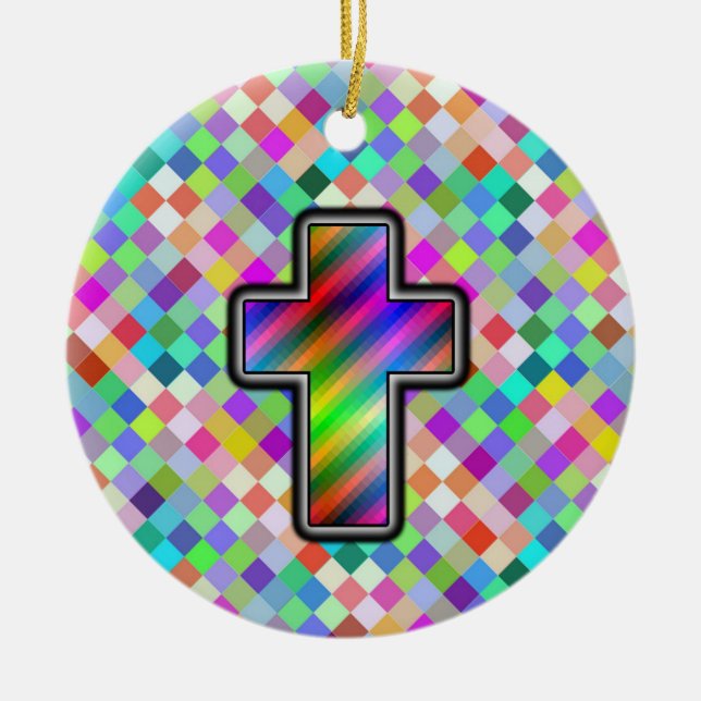 Cross on a Checkerboard Ceramic Ornament (Front)