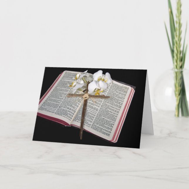 Cross On Bible With Orchids Holiday Card (Front)