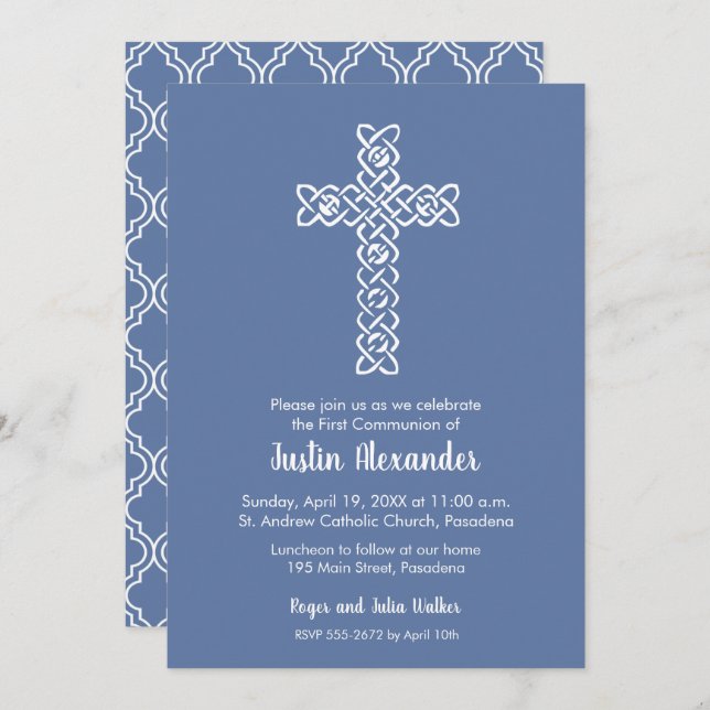 Cross on Blue Gray First Communion Invitations (Front/Back)