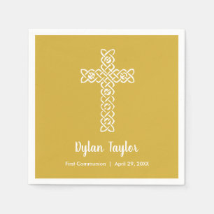 Cross on Bright Gold Communion Baptism Christening Napkins