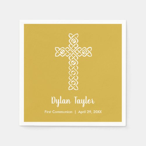 Cross on Bright Gold Communion Baptism Christening Napkins