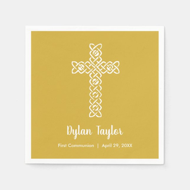 Cross on Bright Gold Communion Baptism Christening Napkins (Front)