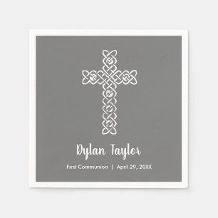 Cross on Charcoal Gray First Communion Napkins