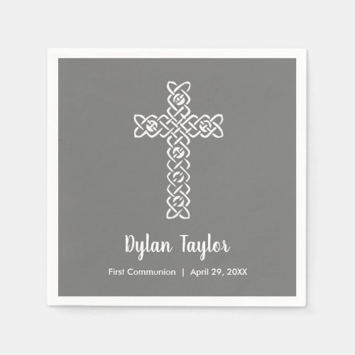 Cross on Charcoal Gray First Communion Napkins