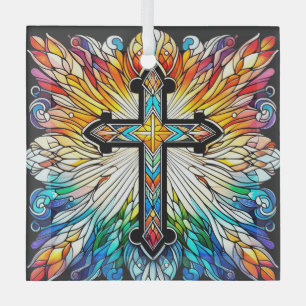 Cross on Fiery Stained Glass Design Suncatcher Ornament