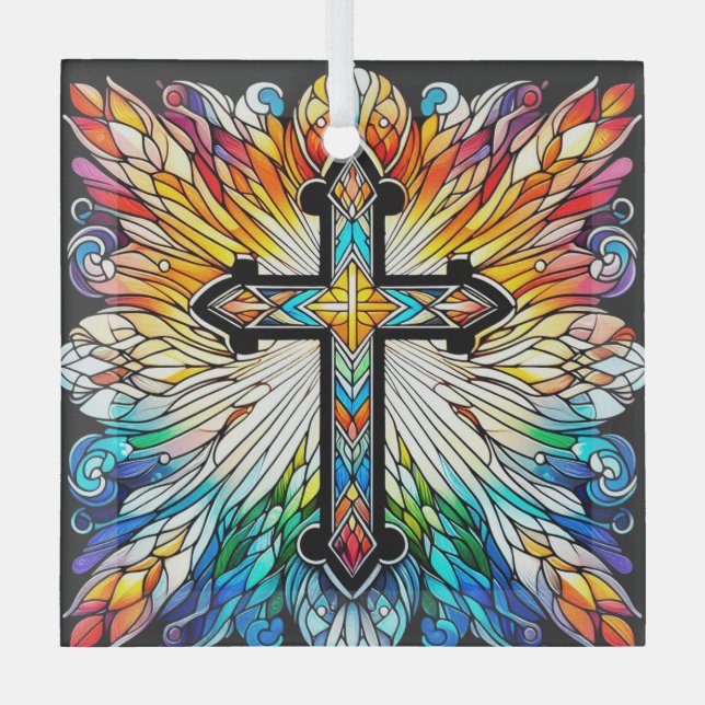 Cross on Fiery Stained Glass Design Suncatcher  Ornament (Front)