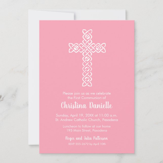Cross on Flamingo Pink First Communion Invitations (Front)