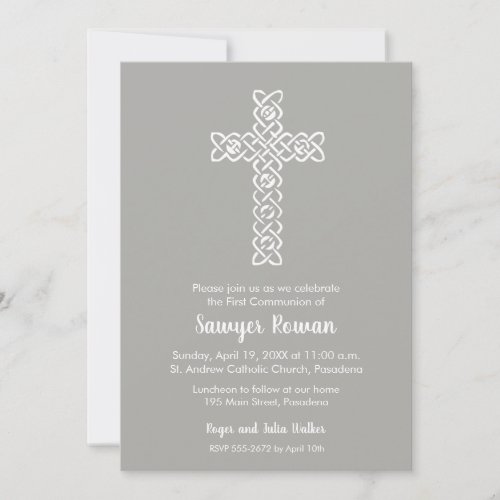 Cross on Gray First Communion Invitations