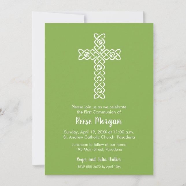 Cross on Green Baptism, Christening Invitations (Front)
