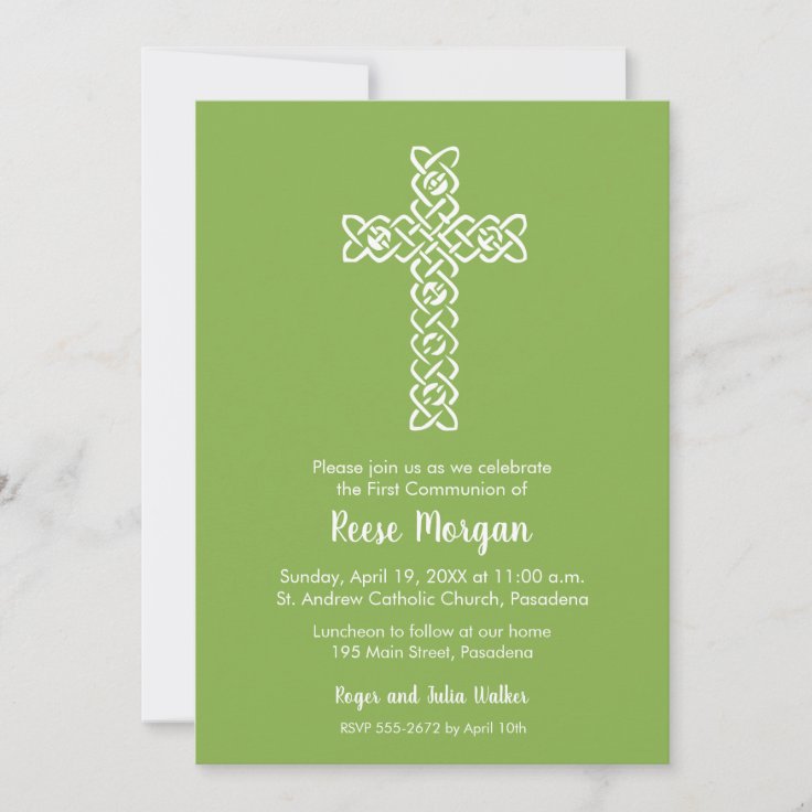 Cross on Green Baptism, Christening Invitations Zazzle