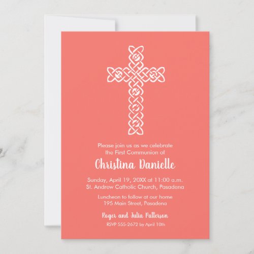 Cross on Living Coral First Communion Invites
