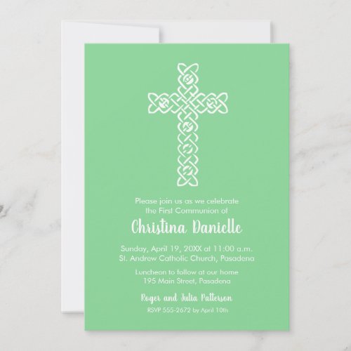 Cross on Mint Green First Communion Invites