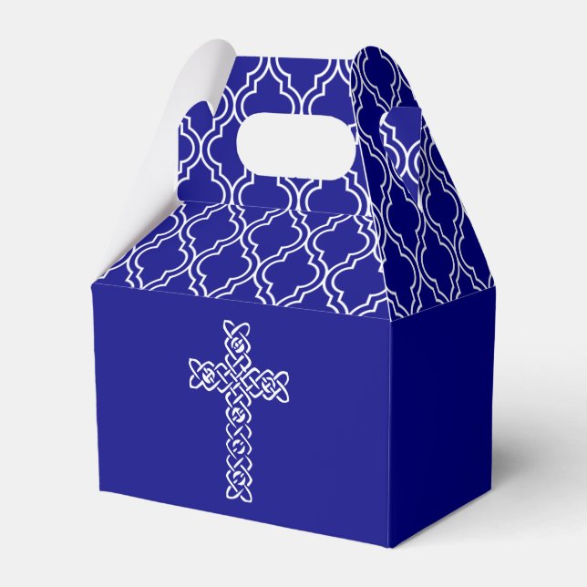 Cross on Navy Blue First Communion Favor Boxes (Front Side)