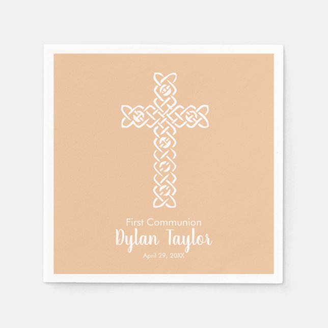 Cross on Peach | Communion Baptism Christening Napkins (Front)