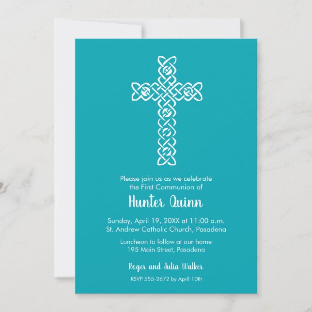 Cross on Peacock Blue First Communion Invitations (Front)