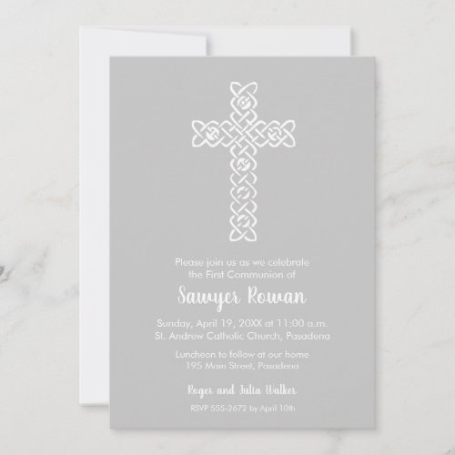 Cross on Platinum First Communion Invitations