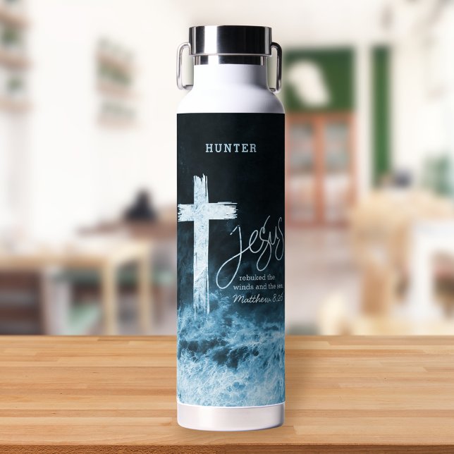 Cross on Raging Sea Bible Verse Personalized Water Bottle (Creator Uploaded)