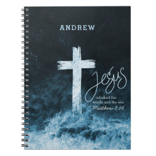 Cross on Raging Water Scripture Verse Personalized Notebook