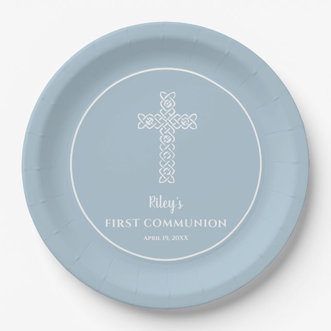 Cross on Steel Blue Communion Baptism Christening Paper Plates (Front)
