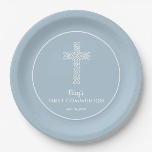 Cross on Steel Blue Communion Baptism Christening Paper Plates
