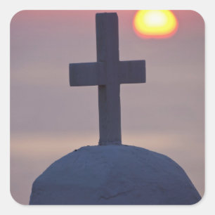 Cross on top of church at sunset, Mykonos, Square Sticker