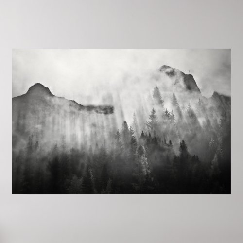 Cross on Top of Foggy Mountains Poster